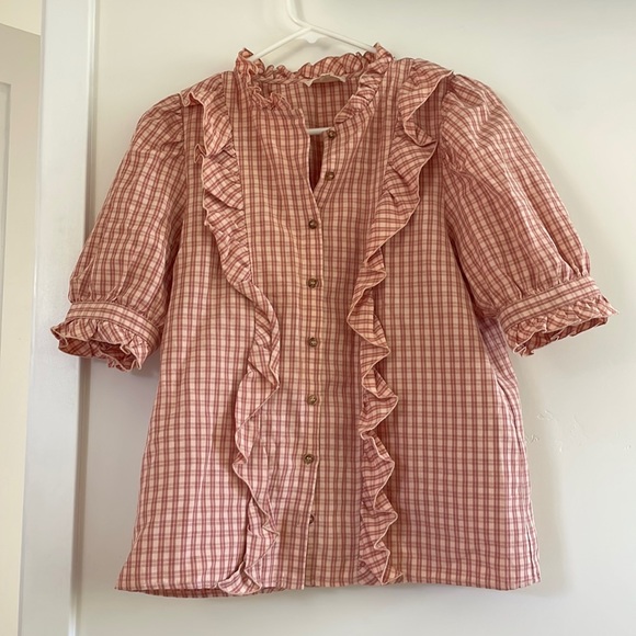 Sezane Tops - Sezane gingham plaid ruffle button up short sleeved top